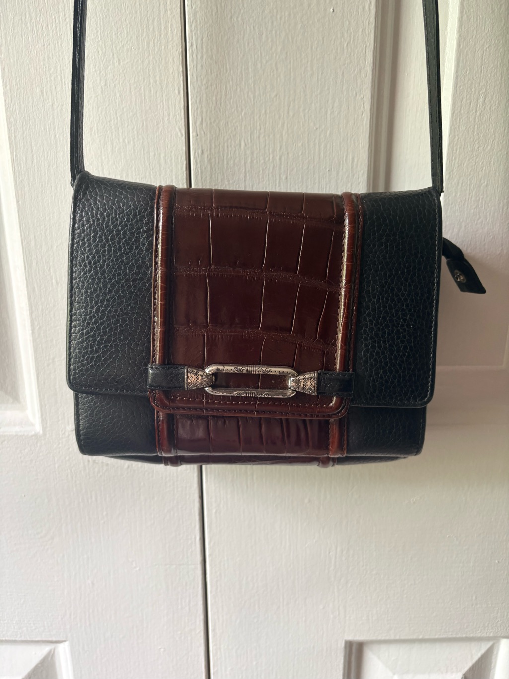 Vintage Brighton Brown Croc Black Leather Clutch Wallet Crossbody Organizer Bag